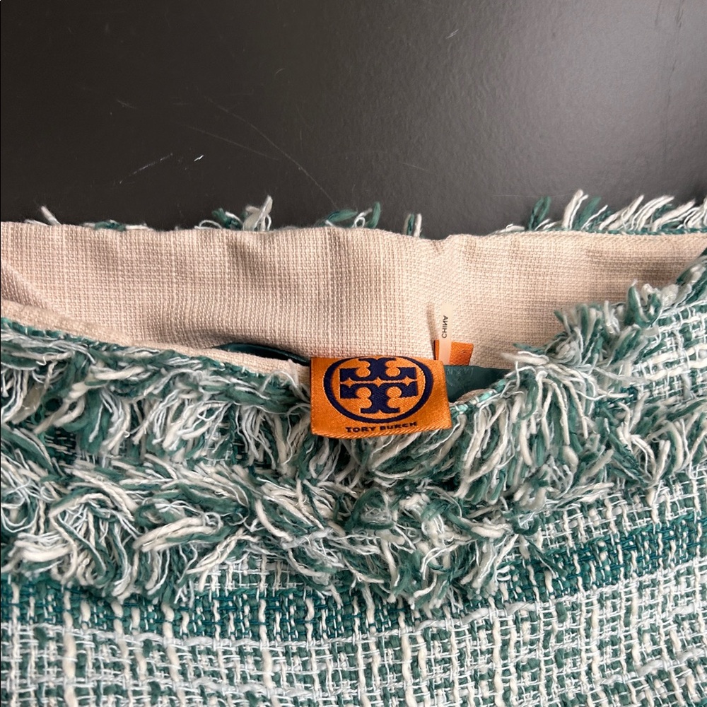 Tory Burch Teal Tweed Skirt with Fringe